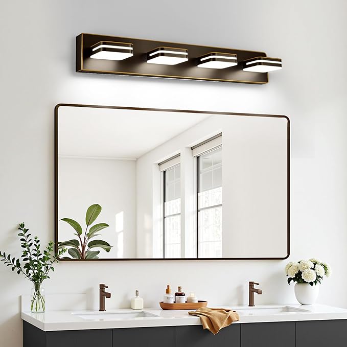 360° Rotate LED Bathroom Vanity Light Fixtures, 1600LM Acrylic Brown and Gold Vanity Lights for Bathroom, Modern Wall Lighting Fixtures Over Mirror Kitchen Living Room (Natural White Light 5000K)