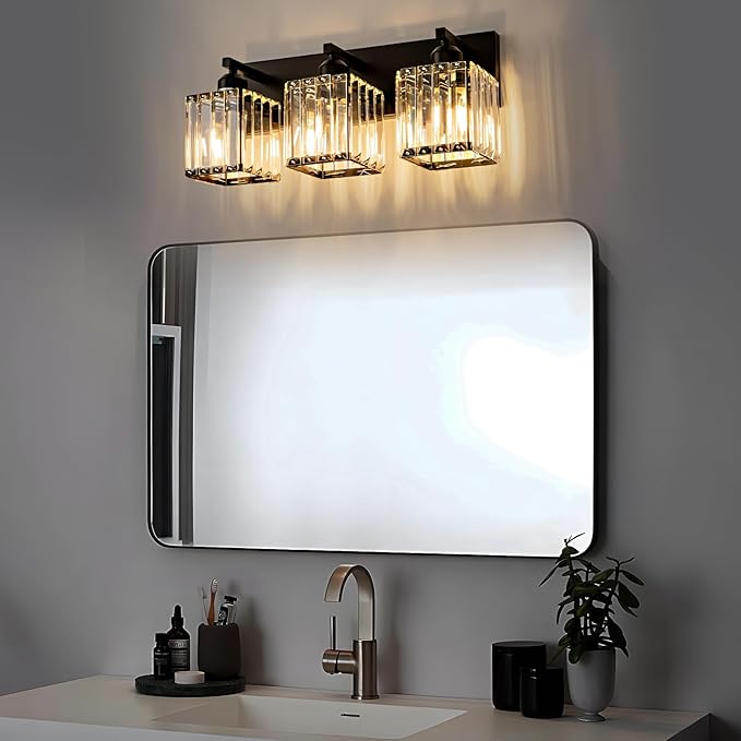 Black Bathroom Vanity Light 3 Lights, Crystal Bathroom Wall Light Fixtures Modern Vanity Light Over Mirror (Exclude Bulb)