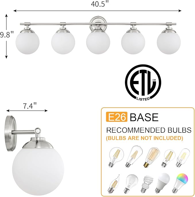 Rayogale Sand Nickel Bathroom Light Fixtures, ETL 5 Lights Vanity Lights Over Mirror with Milk Glass Soft Lighting 41 Inch Bathroom Sconces(Exclude E26 Bulb)