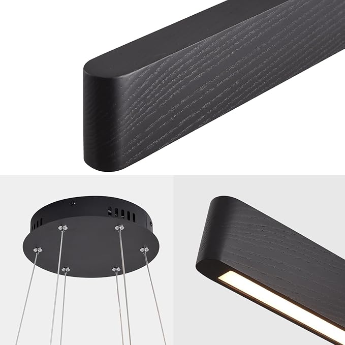 YISDESIGN 3-Light Solid Wood Black Linear Pendant Light - Dimmable Modern LED Chandelier for Dining Room Table Kitchen Island Living Room Ceiling - 45W Warm Light Adjustable Hanging Fixture Black
