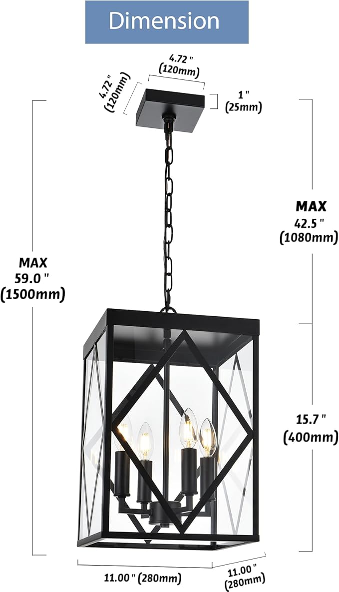 4-Light Outdoor Pendant Light Fixtures Large 15.7'' Black Outdoor Chandelier Metal Cage Exterior Hanging Porch Light w/Glass Shade, Outdoor Pendant Lantern Lamp for Front Porch Balcony Foyer