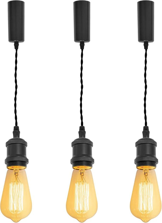 Kiven H-Type Track LightPendants, 59 Inch Cord Length Black Weave Rope Adjustable Length, Restaurant Chandelier DecorativePendant Light IndustrialPendant Lamp 3 Pack,Bulb Not Included（Matte Black）