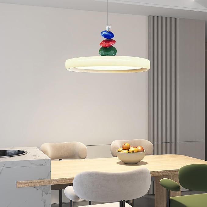 Mikeru Modern Pendant Lights, 15.8" Cream Yellow Pendant Lighting Fixture with Remote Control Dimmable 3 Color Mode & Brightness Mid Century Island Light Fixture for Dining Room,Kitchen,Living Room