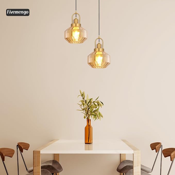 9in Mid Century Modern Amber Glass Pendant Light Fixture, Small Gold Kitchen Island Pendants Light Glass Ceiling Hanging Lamp for Foyer Dining Room Bedroom Entryway Hallway Over Sink