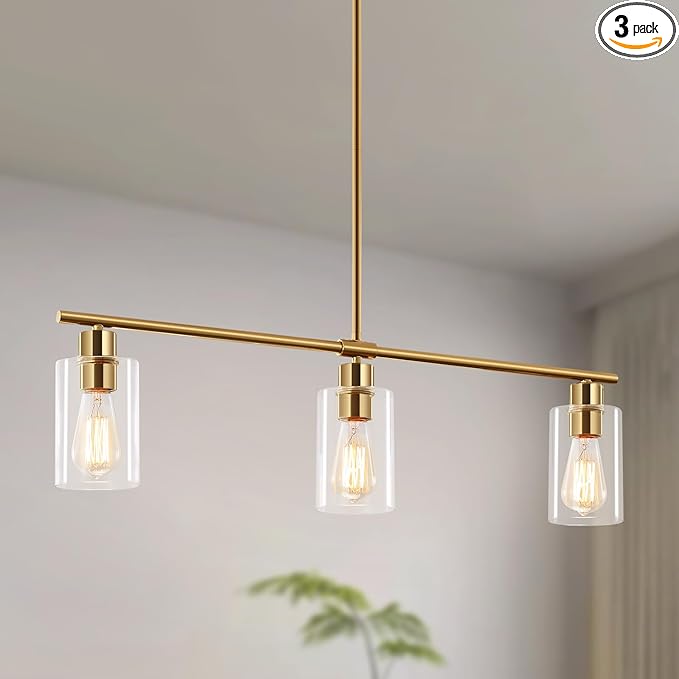3-Light Kitchen Island Lighting, Farmhouse Dining Room Light Fixtures Over Table, Modern Gold Island Lights Over Island, 31" Linear Chandelier Hanging Ceiling Pendant Light Fixtures for Kitchen