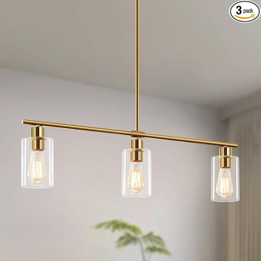 3-Light Kitchen Island Lighting, Farmhouse Dining Room Light Fixtures Over Table, Modern Gold Island Lights Over Island, 31" Linear Chandelier Hanging Ceiling Pendant Light Fixtures for Kitchen