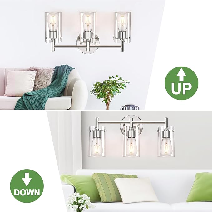 Indoi 3-Light Brushed Nickel Bathroom Vanity Light Fixtures, Clear Glass Shade Wall Sconces for Mirror, Bedroom, Living Room, Hallway