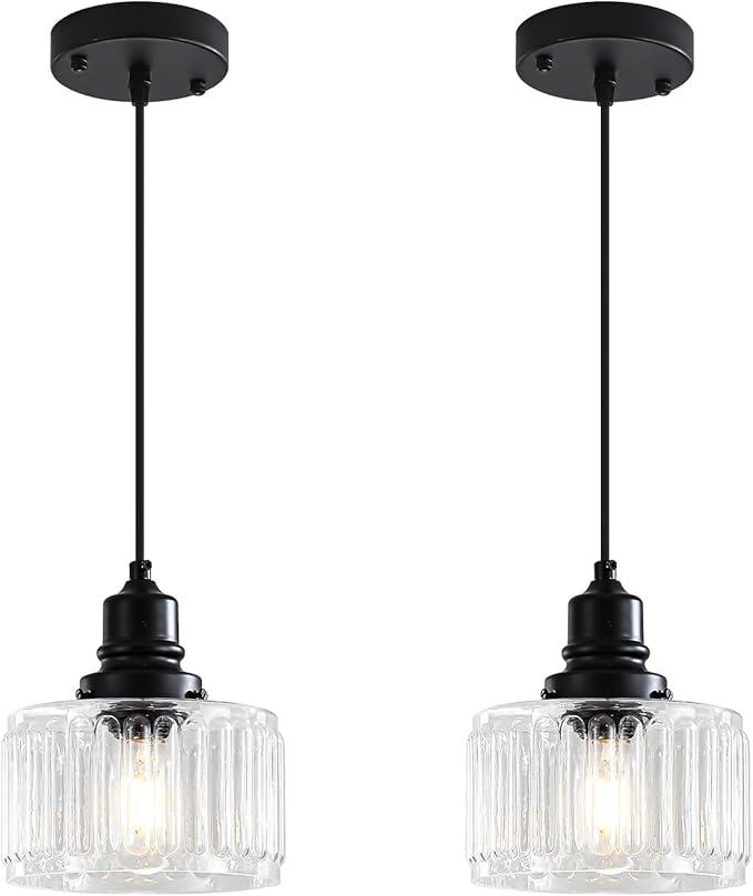 Vintage Pendant Lights Kitchen Island, Glass Kitchen Pendant Lighting Over Island, Farmhouse Pendant Light Fixtures for Kitchen Island, Bathroom, Bedroom, Dining Room, 2 Pack