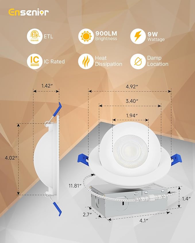Ensenior 6 Pack 4 inch Gimbal Led Recessed Light with Junction Box, 90° Adjustable Directional Eyeball Lighting, Dimmable, 2700K/3000K/3500K/4000K/5000K, 900LM, 9W=85W-ETL&FCC Certified