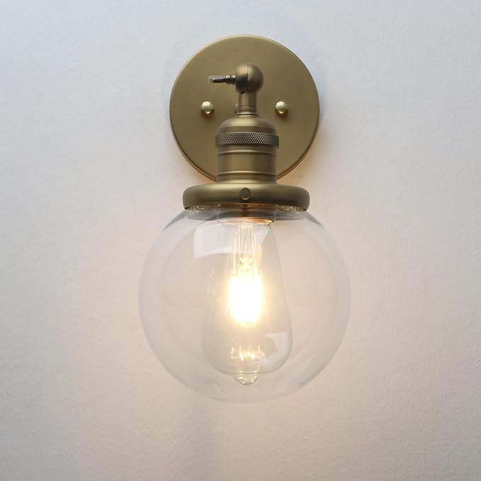 Phansthy 1-Light Wall Sconce, Brass Boho Bathroom Vanity Light, Modern Wall Light with Globe Glass Shade E26 Base, Adjustable Wall Lighting Fixtures for Bedroom, Living Room (Antique, Clear Shade)
