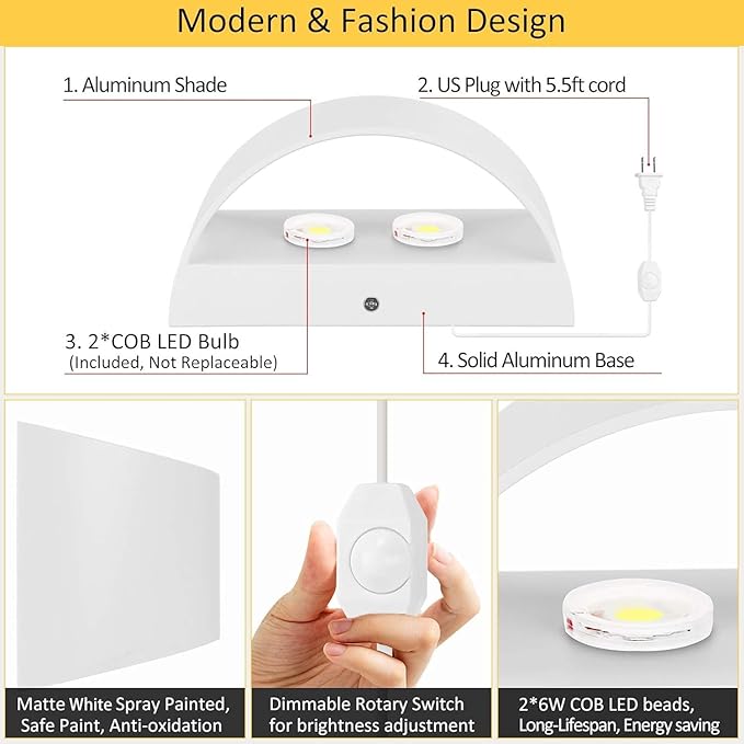 Lightess 12W Plug in Wall Sconces Modern LED Wall Light Dimmable Indoor Up Down Wall Lamp for Bedroom Living Room Hallway Staircase, Warm White, Aluminum