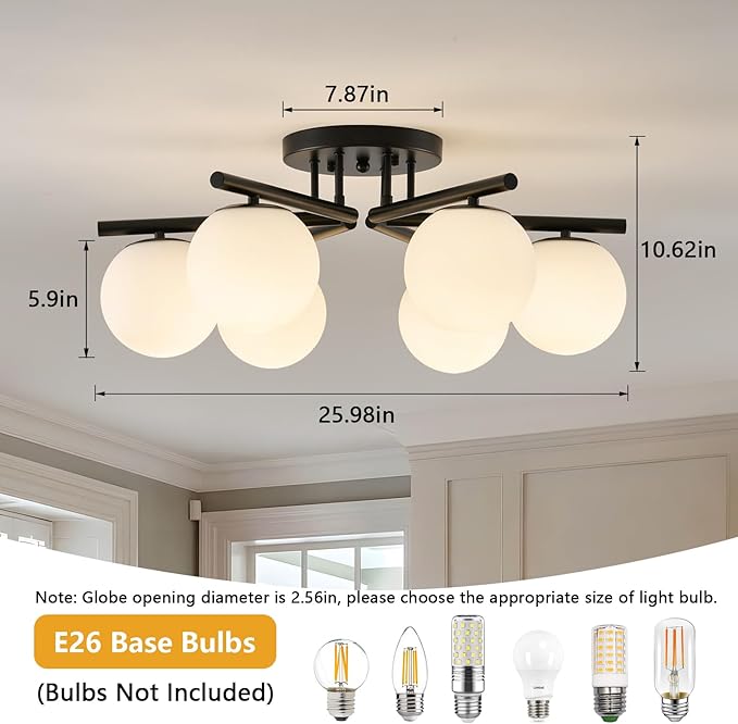 6-Light Sputnik Ceiling Light Fixture, Semi Flush Mount Ceiling Light with Milk Glass Globes, Black Mid Century Modern Chandelier for Living Room Bedroom Dining Room Hallway