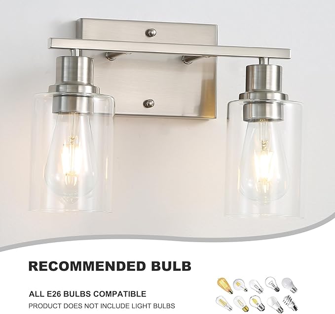 Farmhouse Wall Sconces 2-Lights Brushed Nickel Bathroom Vanity Light Fixtures,Classic Wall Lights with Clear Glass Shades, Modern Wall Lighting for Mirror,Bedroom,Living Room