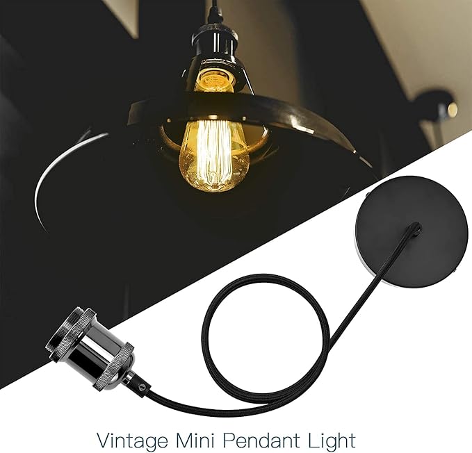JACKYLED 2 Pack Mini Pendant Light Kit UL Vintage Socket E26 E27 Lampholder Black Woven Fabric Pendant Light Cord Adjustable Canopy Kit
