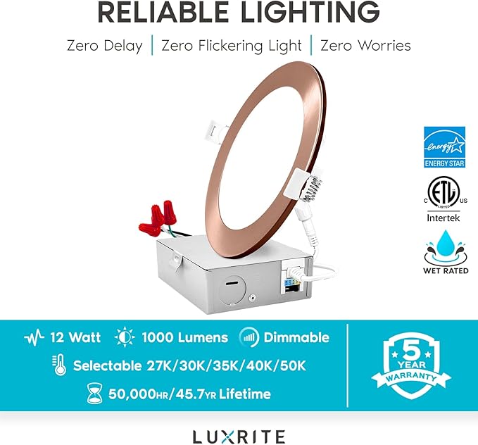 LUXRITE 6 Inch Ultra Thin LED Recessed Light with J-Box, 12W, 5 Color Options 2700K | 3000K | 3500K | 4000K | 5000K, Dimmable Wafer Light, 1000 Lumens, Copper Trim, Energy Star, IC Rated