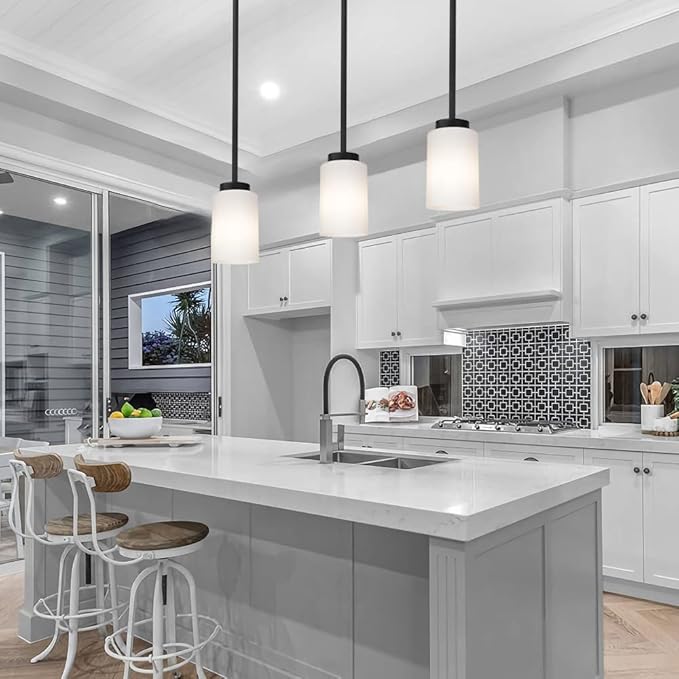 TODOLUZ Black Pendant Light Fixture with Opal White Glass, Farmhouse Mini Chandelier for Kitchen Island Hallway