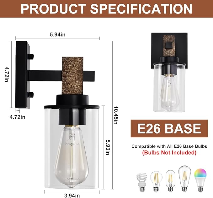 Rustic Wall Sconces,Hardwired 1-Light Brown Wood Farmhouse Sconce with Clear Glass Cylinder Shade,Matte Black Metal Wall Light,E26 Indoor Bathroom Vanity Fixture for Mirror,Bedroom,Hallway