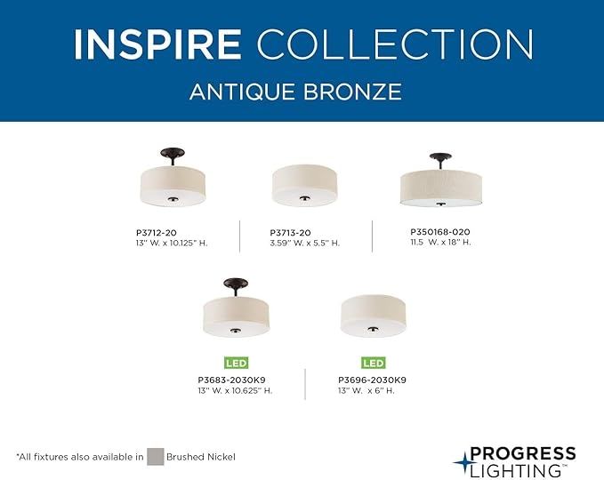 Progress Lighting P3713-20 Inspire Two-Light Flush Mount, Antique Bronze, 5.50x13.00x13.00