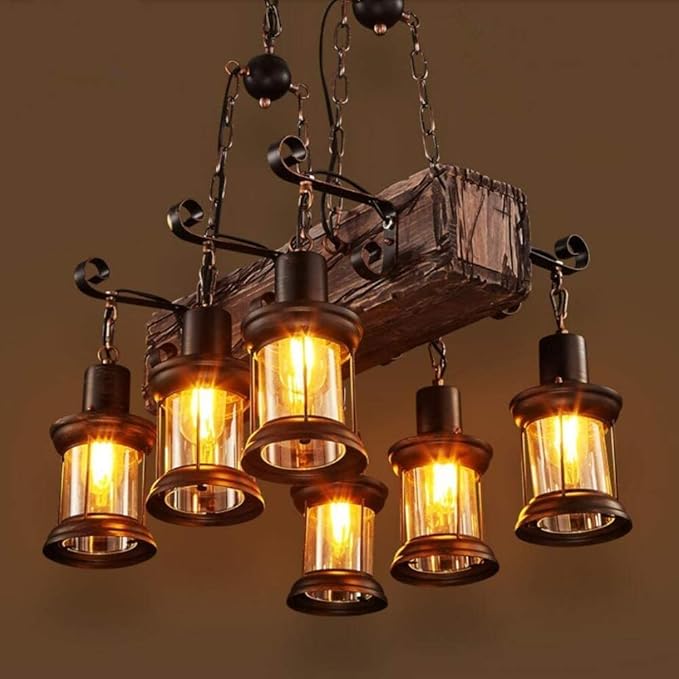 Farmhouse Lighting Industrial Rustic Wood Beam Linear Island Pendant Light Chandelier Lighting Hanging Ceiling Fixture 6-Light