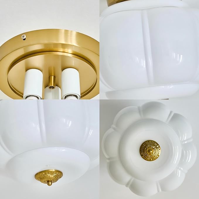 LIGHTLAND Milk Glass Ceiling Light, 15 Inch 3-Light Metal Glass Flush Mount Ceiling Light Fixture for Entryway, Hallway, Living Room, Bedroom (Style C, White)