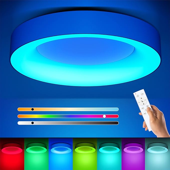 Annaror RGB Flush Mount Ceiling Light with Remote Control, 2400LM Dimmable Ceiling Light Fixture, 3000K-6500K Modern Low Profile Ceiling Lights for Bedroom Kids Room, 11in White