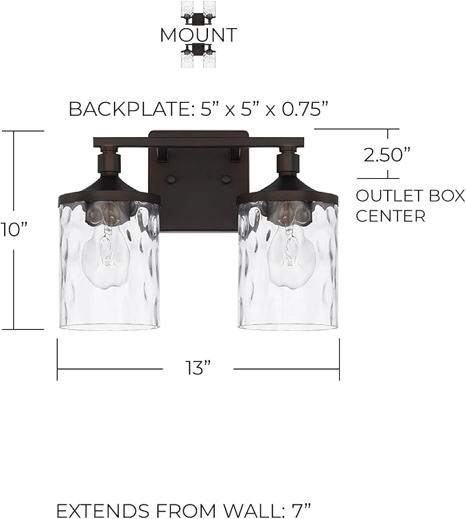 HomePlace Lighting 128821BZ-451 Colton Mid-Century Clear Water Glass Bathroom Vanity Wall Light, 2-Light 200 Total Watts, 10" H x 13" W, Bronze