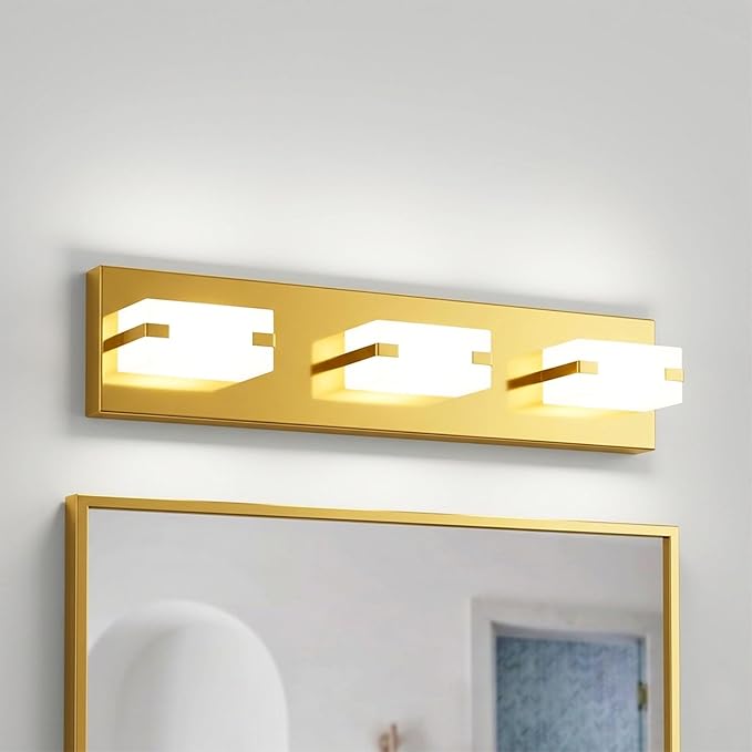 LED Bathroom Light Fixtures, 3-Light Modern Vanity Lights with Milky White Frosted Acrylic Shades, Gold Bathroom Lighting fixtures Over Mirror, ETL Listed, 20W (Cool White 5700K)
