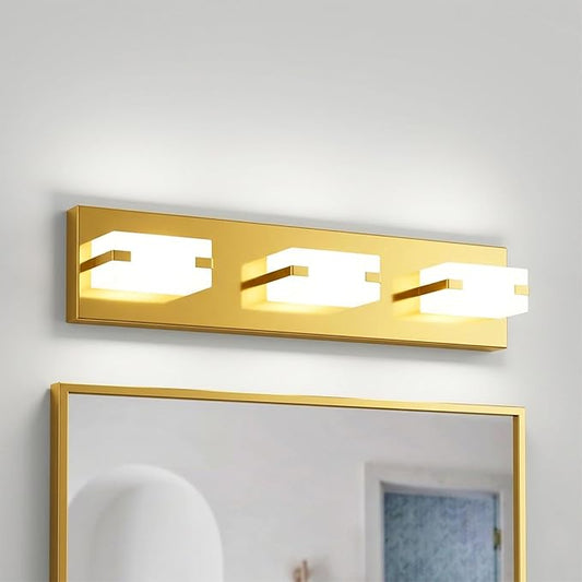 LED Bathroom Light Fixtures, 3-Light Modern Vanity Lights with Milky White Frosted Acrylic Shades, Gold Bathroom Lighting fixtures Over Mirror, ETL Listed, 20W (Cool White 5700K)