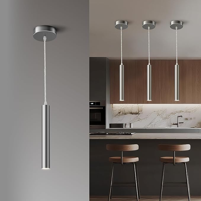 Brushed Nickel LED Pendant Light, 10W Modern Dimmable LED Downward Adjustable Hanging Spotlight, Lighting for Kitchen Island, Dining Room, Bar, 4000K Neutral White, ETL Driver, Pack of 1