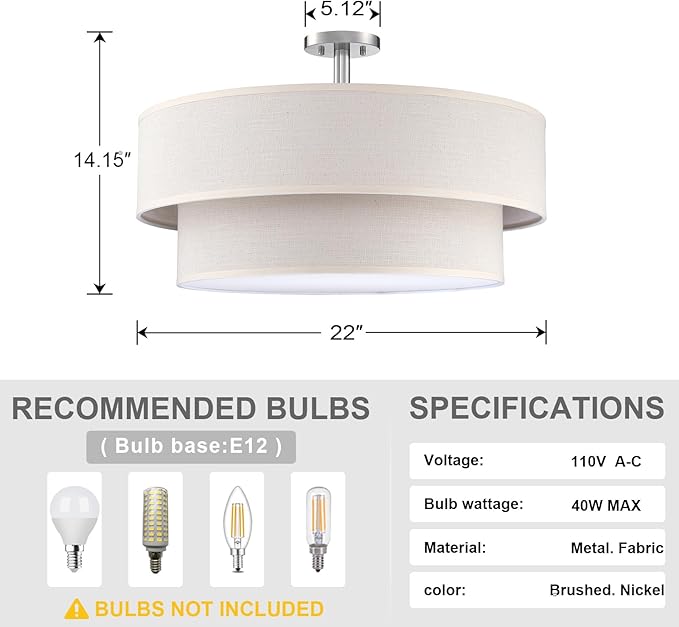 5 Light Semi Flush Mount Close to Ceiling Light Fixture,Cream Linen Fabric Shade Brushed Nickel Finish 22 inch for Bedroom,Living Room,Dining Room Hallway