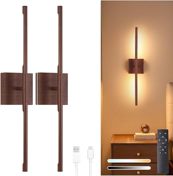 Shenmoyl Battery Operated Wall Sconce Set of 2, 8000mAh Rechargeable Wall Sconces, 3000K-6000K Dimmable, 350°Rotate, Indoor Wall Lights for Bedroom Living Room Bathroom, Black Walnut, 23.6 Inch