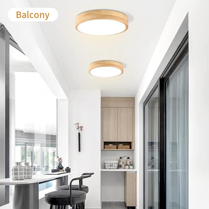 Led Ceiling Light Flush Mount: 12 Inch 24W Wood Bedroom Light Fixture with Round Modern Flat Overhead Minimalist Ceiling Lamps for Kitchen Hallway Laundry Natural White 4500K, Not Dimmable Set of 2