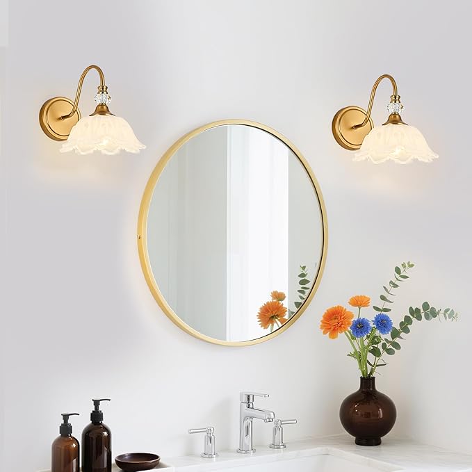 1 Piece Vintage Wall Sconce with Floral White Glass Shade, Matte Brass Finish Wall Sconce for Bathroom, Vintage Bathroom Vanity Light Fixture