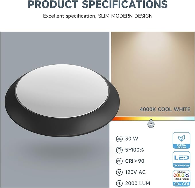 ECOELER 8 Inch LED Flush Mount Disc Light, 30W 2000Lm, 4000K Cool White, Dimmable Low Profile Surface Ceiling Light for Kitchen, Bedroom, Bathroom, ETL&Energy Star Approvel, Black