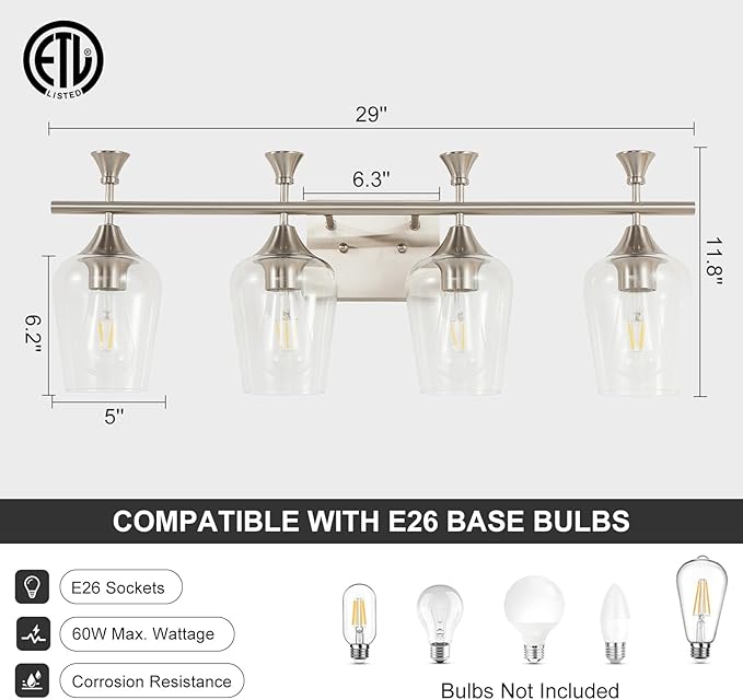 Bathroom Light Fixtures (4-Light, 29 Inch), Brushed Nickel Vanity Lights for Bathroom with Clear Wine Glass Glass Shade, Modern Vanity Wall Lights for Mirror Bedroom Living Room Kitchen Hallway Porch