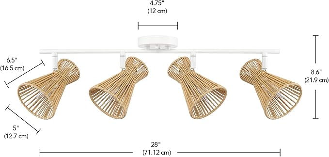 Globe Electric 64000050 28" 4-Light Track Lighting, Matte White, Natural Twine Shades, Ceiling Light, Pivot Shade, Kitchen Lights, 4 Bulb Track-Light