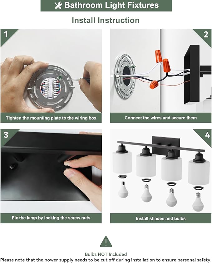 Sailstar Vanity Light Fixtures, Matte Black, Over Mirror, Modern Bathroom Light, Anti-Rust Nickel Finished, 4-Light, E26 Standard Sockets, Easy Installation, 24 Months Replacement