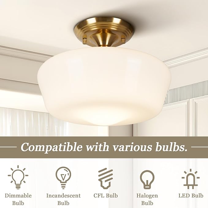 Schoolhouse Style Semi Flush Mount Ceiling Light with Dimmable Bulb Remote Control, 12" Modern Gold Hallway Ceiling Lamp with Opal Milk Glass Shade, Farmhouse Globe Light for Bedroom Kitchen Laundry