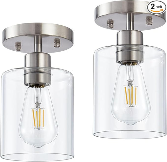 YYT 1-Light Flush Mount Ceiling Light, Brushed Nickel Hallway Light Fixtures, Small Kitchen Lighting Fixtures Ceiling, Cieling Lights with Clear Glass Shade for Entryway Bathroom Corridor Passway
