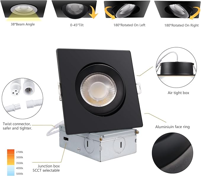KnLnny Ware Black Square Recessed Lighting 4 inch 6 Pack with Gimbal,Canless Eyeball Recessed Lightswith Junction Box,dimmable, 5CCT Selectable,9W 750LM