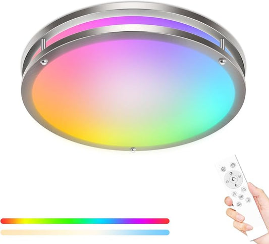 libtit 13 Inch RGB Flush Mount Ceiling Lights with Remote, 24W 3000K-6500K&Dimmable, LED Light Fixture with Nightlight and Timer for Bedroom Livingroom Bathroom- Brushed Nickel