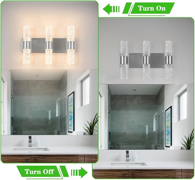 Modern Vanity Light, LED Vanity Light Fixture Brushed Nickel, Crystal Bathroom Lighting Fixtures over Mirror, Wall Lighting Fixtures for Bath, Wall Sconce for Bedroom Living Room, 27W Warm White