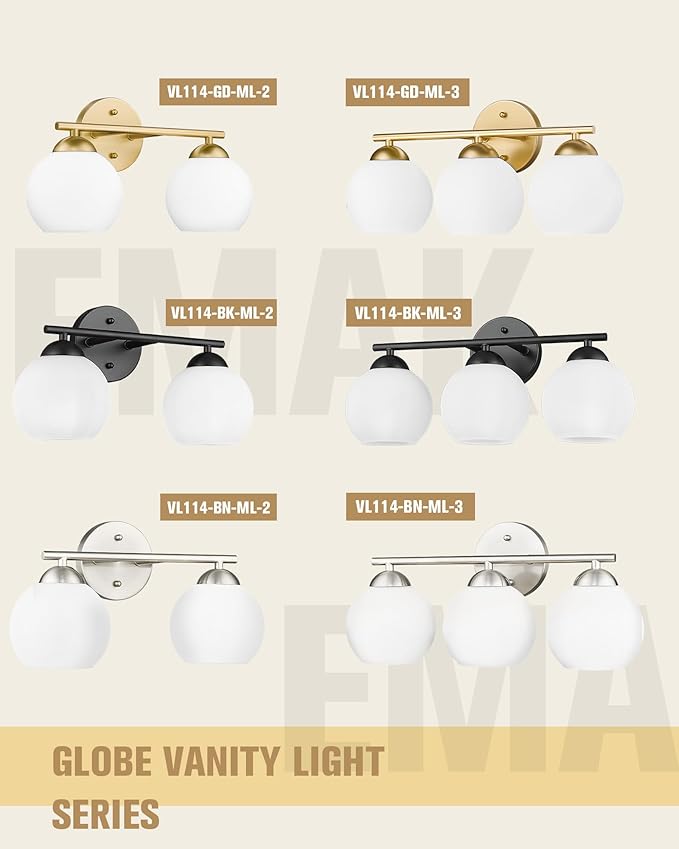Emak Black Vanity Lights for Mirror, Modern Farmhouse 2-Light Bathroom Light Fixtures Globe Bathroom Vanity Light with Milk Glass Shade, VL114-BK-ML-2