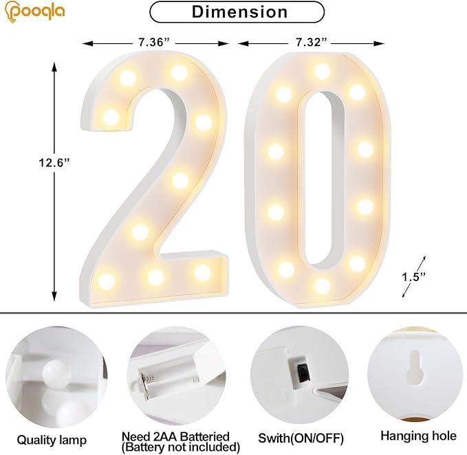 Pooqla 20th Birthday Decorations for Her Him, Large 12.6 in Tall Light Up Numbers for Party Decorations Table Decor, Big Marquee Numbers 20th Birthday Gift for Women Men Wedding Anniversary Decor