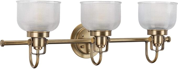 Progress Lighting P2992-163 Archie Collection Clear Double Prismatic Glass Coastal Bath Vanity, 3-Light, Vintage Brass