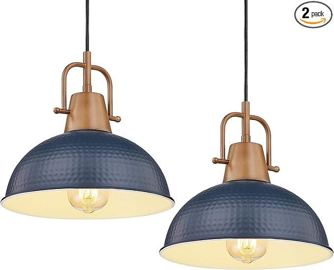 Emliviar 2 Pack Blue Hammered Pendant Light, Metal Haning Lighting Fixtures with Wood Grain Part, GE269MIL-2 BL+WD