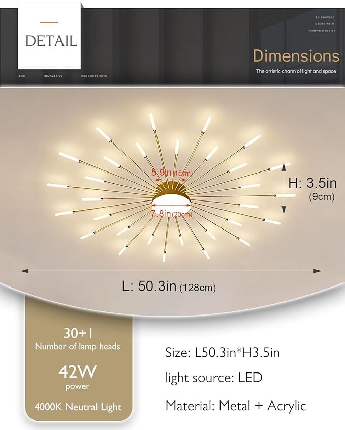 50 Inch Led Ceiling Light Fixture 30 Lights Modern Sputnik Ceiling Light Flush Mount Ceiling Lamp Gold Indoor Lighting for Living Room Bedroom 4000K Decorative Fireworks Chandelier