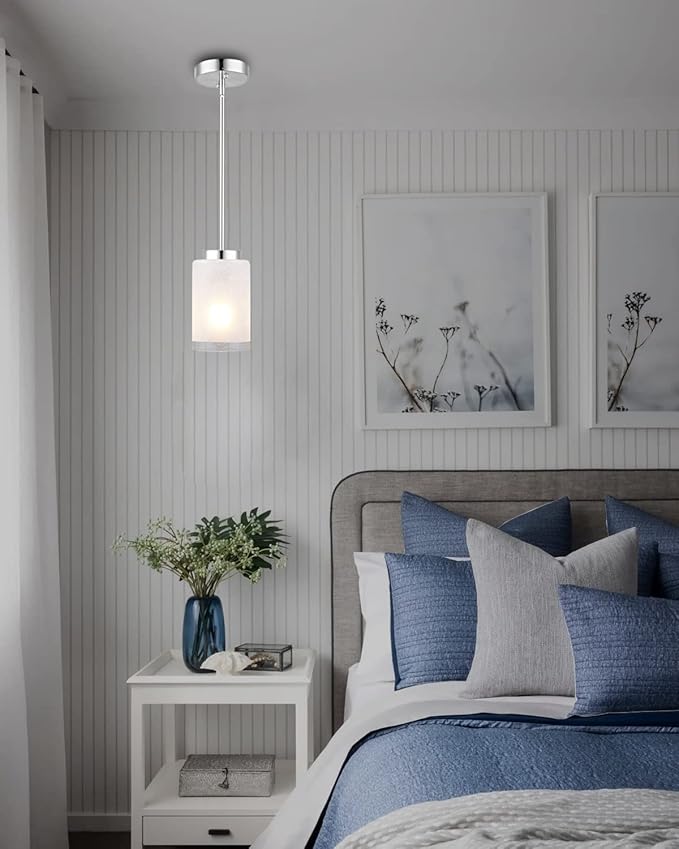 2 Pack Pendant Light Fixtures, Indoor Brushed Nickel Kitchen Island Hanging Lights Adjustable Vintage Lamp, Mini Pendant Lights with Linen Glass Shade for Living Room Bedroom Hallway