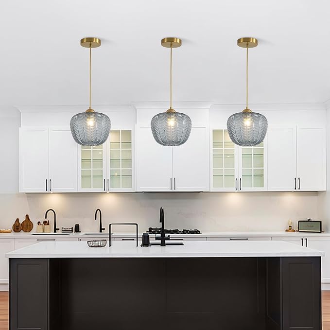 KCO Lighting Mid Century Modern Globe Hanging Light Brushed Gold Pendant Light Fixture Small Smoked Glass Pendant Light Vintage Striped Glass Ceiling Light Brass Kitchen Light Fixtures