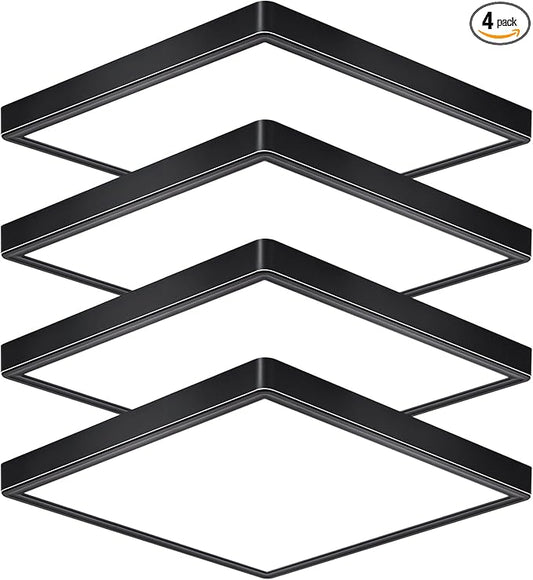 12 Inch 24W Flush Mount Square LED Ceiling Light, 3000K/4000K/6000K Adjustable Flush Mount Light Fixture, 2800LM Bright Flat Ceiling Light Fixtures for Bedroom, Kitchen, Hallway (Black-4 Pack)